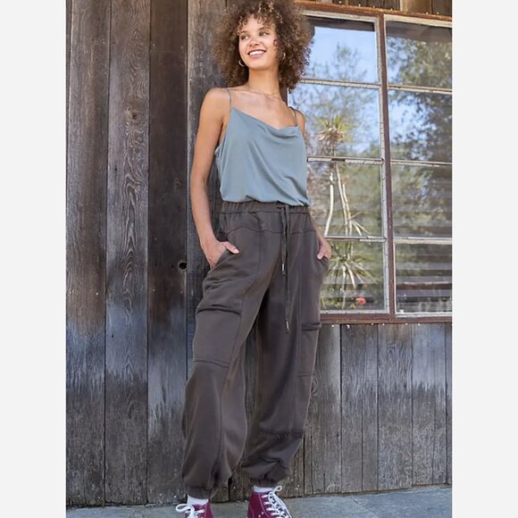 Oversized Jogger Pants – Khaki Brown French Terry with Tie Waist - Picture 1 of 8